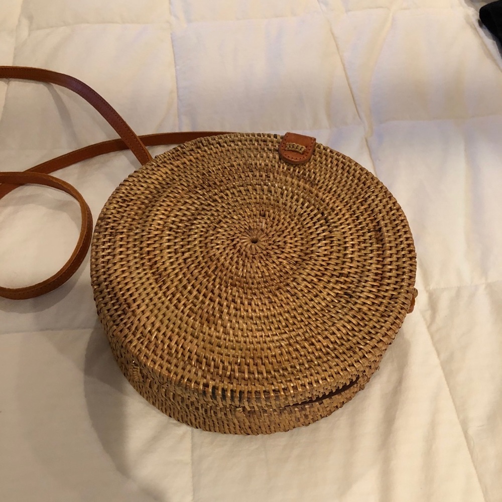 Round Woven Straw Shoulder Bag with Tan Leather Strap
